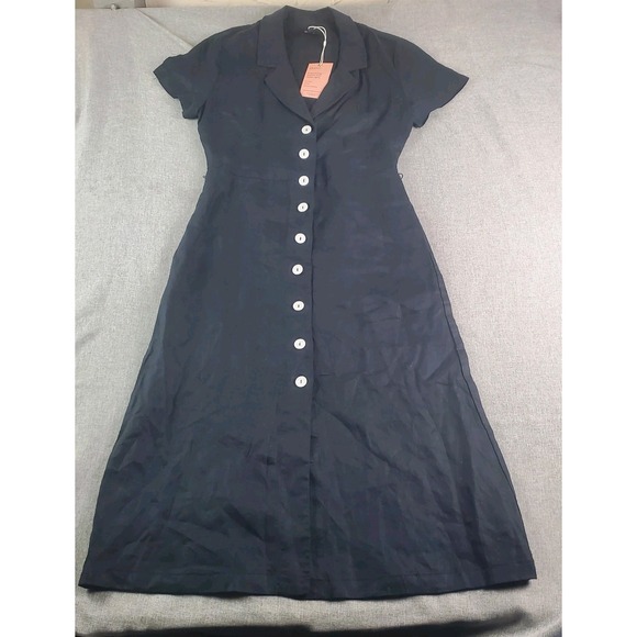 Quince Dresses & Skirts - Quince European Linen Midi Dress Womens Xs Black Button Front Short Sleeve New